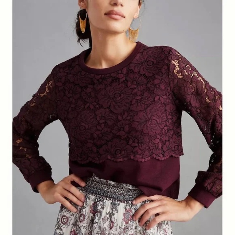 Anthropologie Maeve Burgundy Lace Blouse